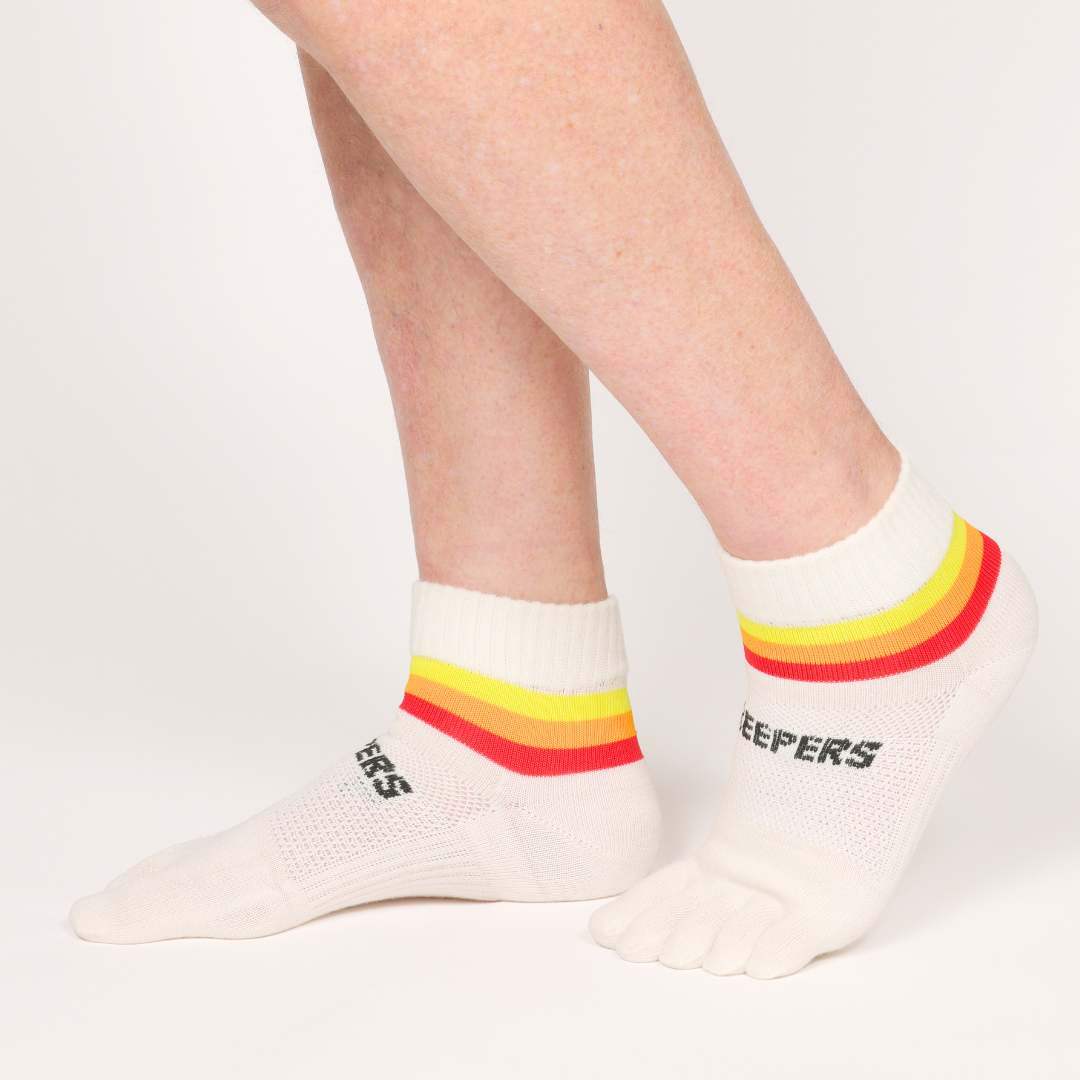 Creepers merino wool toe socks white with YOR yellow orange red stripes quarter crew