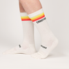 Creepers merino wool toe socks white with YOR yellow orange red stripes crew length