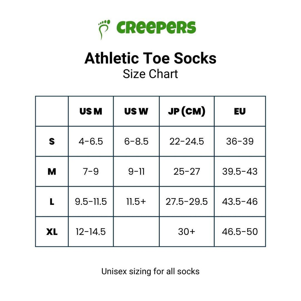 Creepers merino toe socks size chart