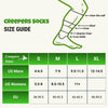 Creepers socks size guide with height guide diagram and measurement chart