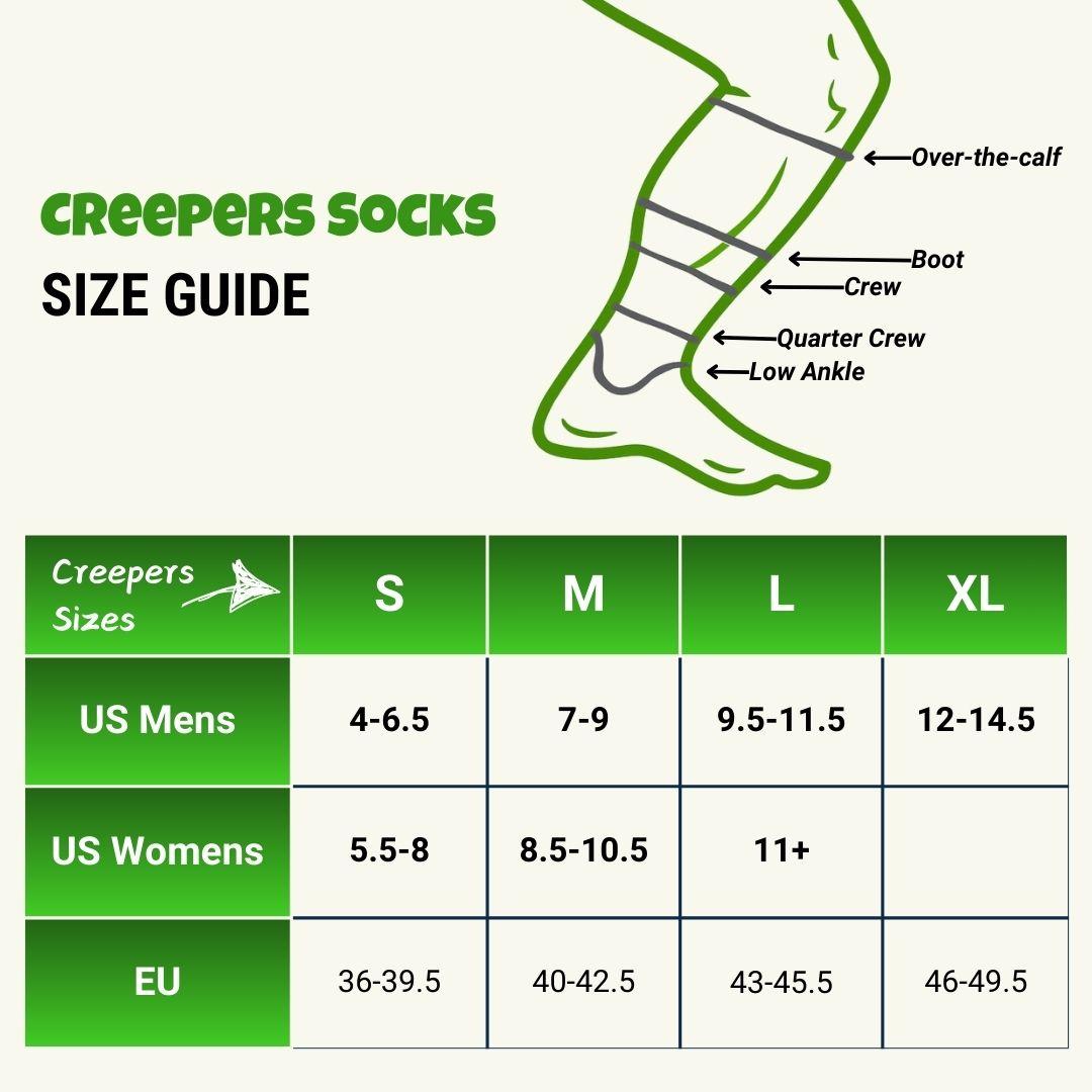 Creepers socks size guide with height guide diagram and measurement chart